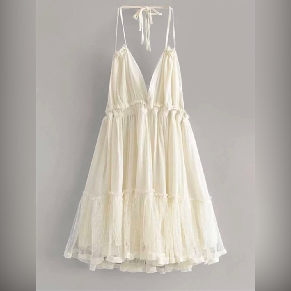 NWOT Mesh Self-Tie Ruffled Halter Dress - S